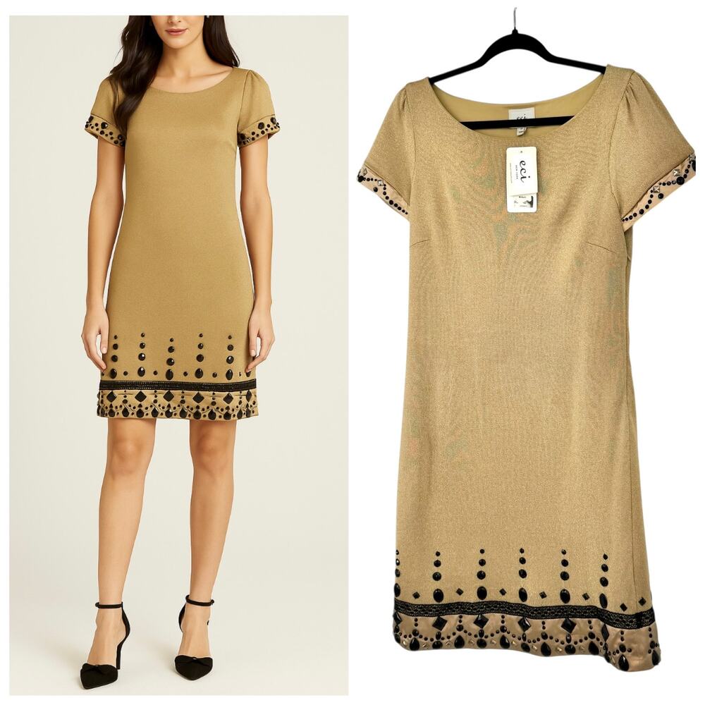 NWT ECI New York Gold Metallic Knit Embellished Beaded Shift Cocktail Dress 12